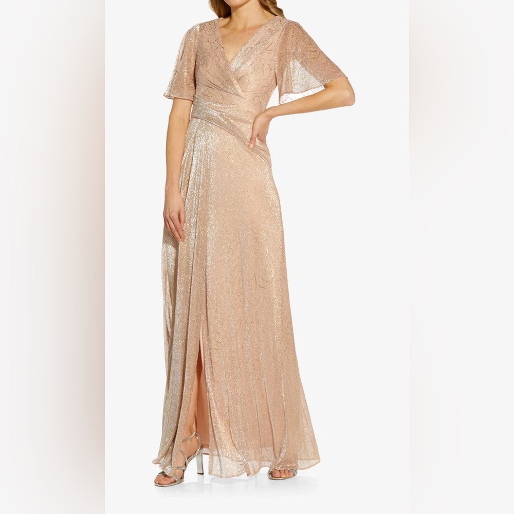 Adrianna Papell Metallic Mesh Draped Gown. Rose Gold color. Size 14. NWT